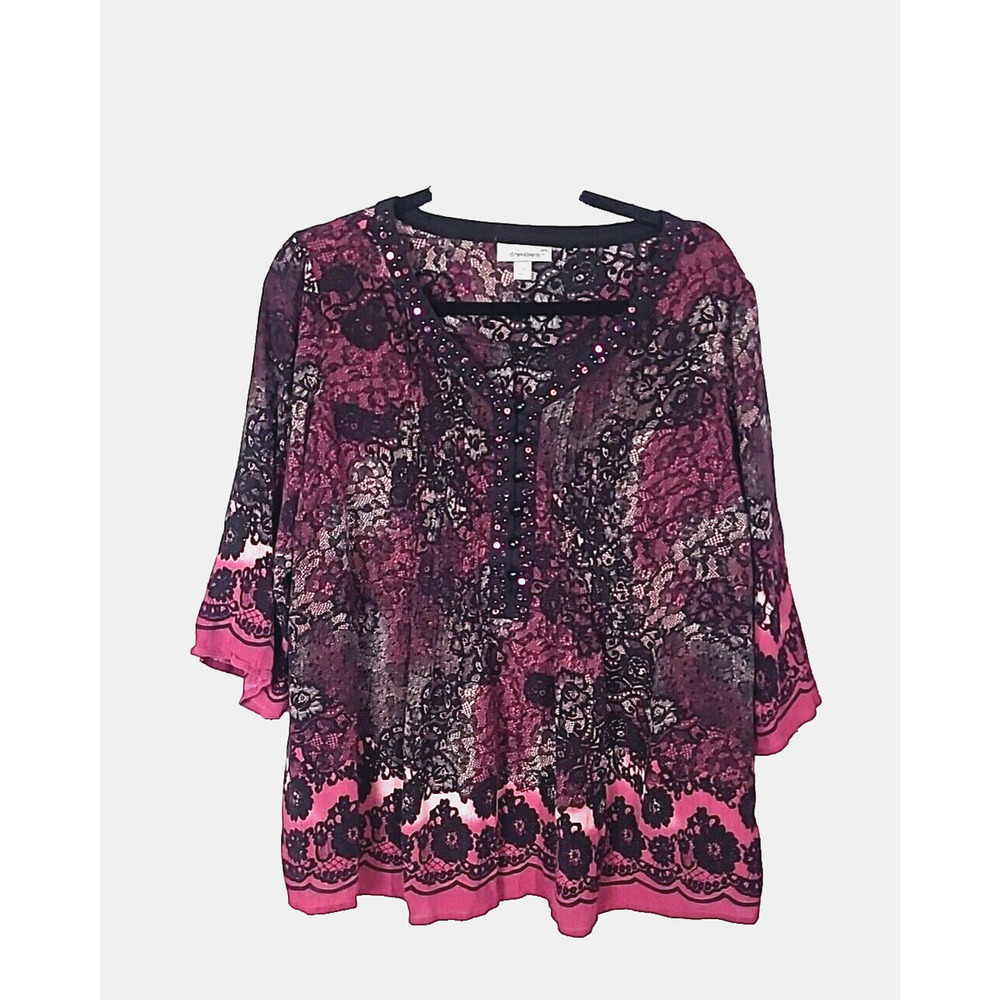 Dressbarn Purple Floral Lace Sequin V-Neck Crinkle 3/4 Sleeve Top Womans SZ 1X